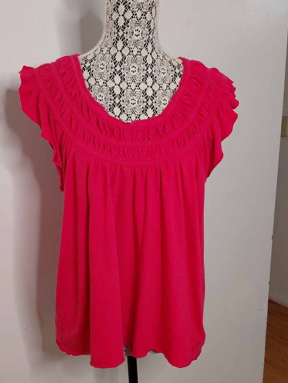We The Free Bright Pink Ruffled Scoop Neck Tee